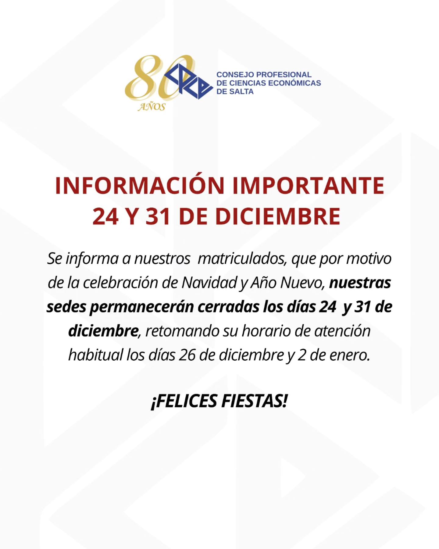 INFORMACION IMPORTANTE 24 Y 31 DE DICIEMBRE