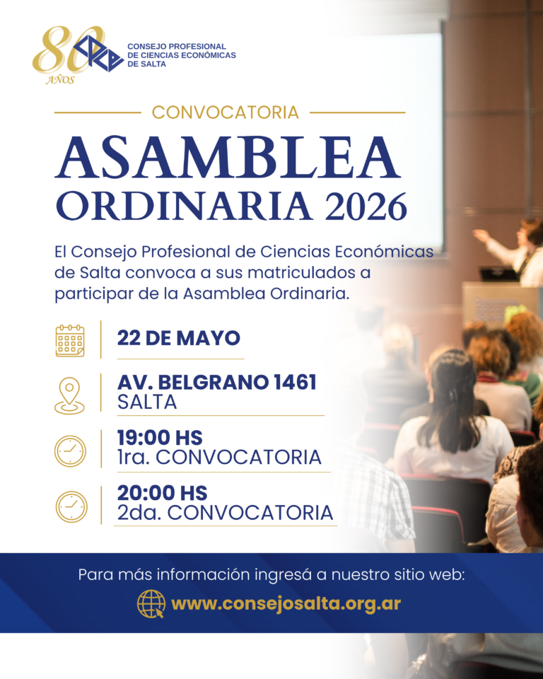 Convocatoria a la Asamblea Ordinaria 2026: 22 de mayo, Av. Belgrano 1461, Salta, 19:00 h en primera convocatoria y 20:00 h en segunda.