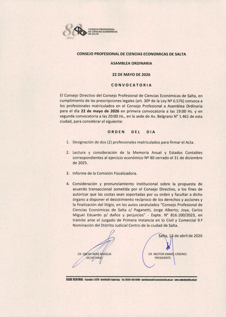 Convocatoria oficial firmada a la Asamblea Ordinaria del 22 de mayo de 2026, con el orden del día y las firmas del Secretario y del Presidente.