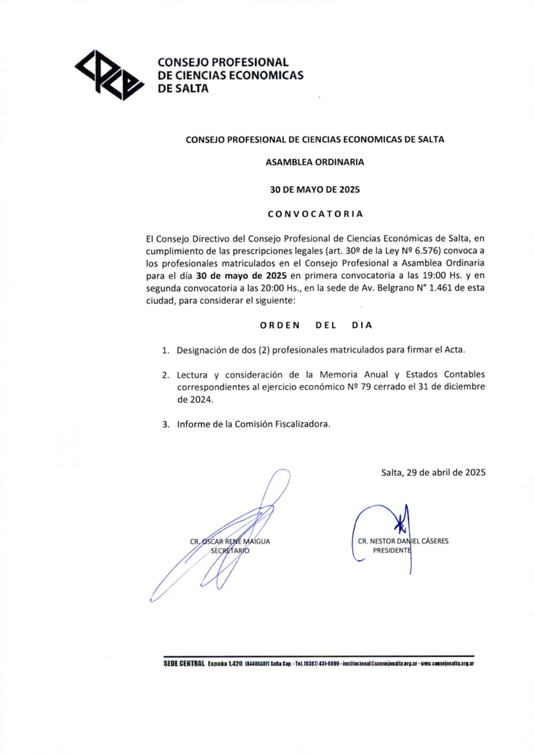 Convocatoria oficial firmada a la Asamblea Ordinaria del 30 de mayo de 2025, con el orden del día y las firmas del Secretario y del Presidente.