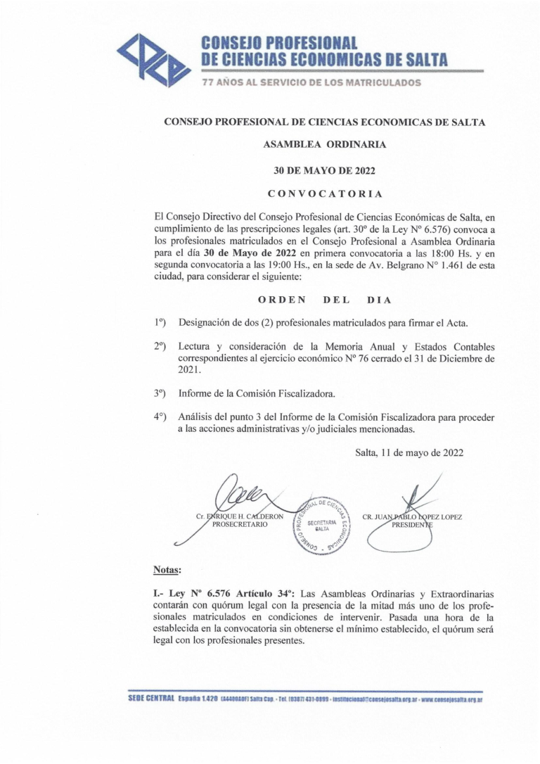 Convocatoria a la Asamblea Ordinaria del 30 de mayo de 2022, Av. Belgrano N° 1.461, 18:00 h en primera convocatoria y 19:00 h en segunda.