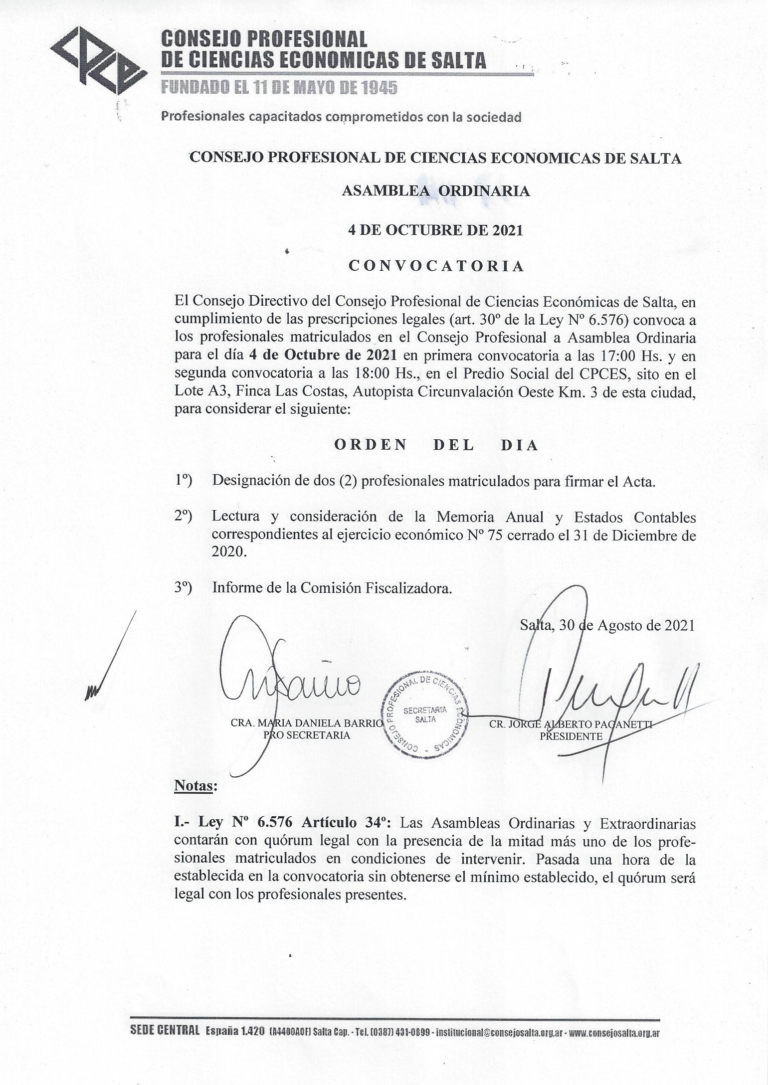 Convocatoria a la Asamblea Ordinaria del 4 de octubre de 2021 en el Predio Social del CPCES, 17:00 h en primera convocatoria y 18:00 h en segunda.