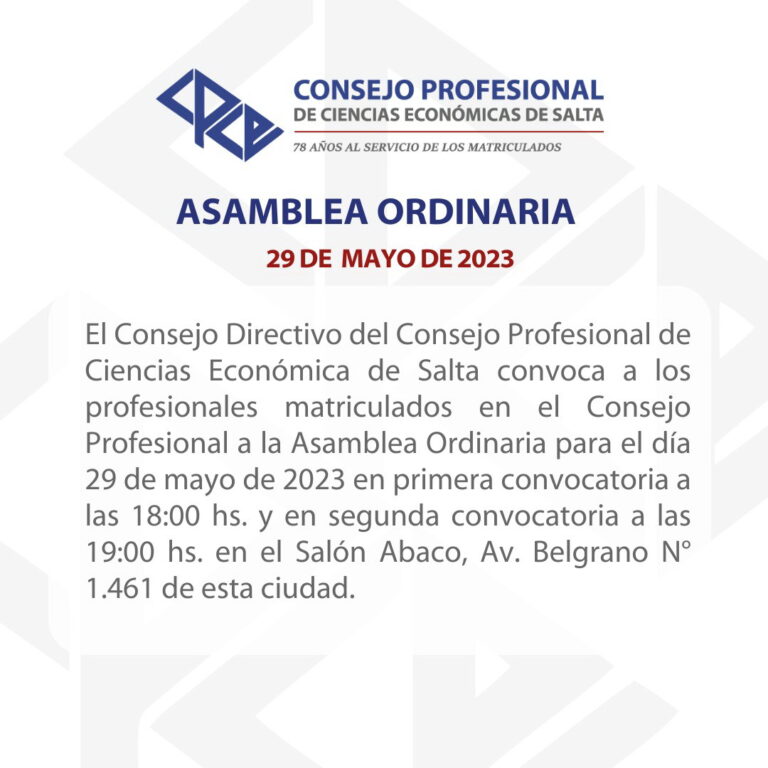 Aviso de convocatoria a la Asamblea Ordinaria del 29 de mayo de 2023, Salón Ábaco, Av. Belgrano N° 1.461, 18:00 h en primera convocatoria y 19:00 h en segunda.