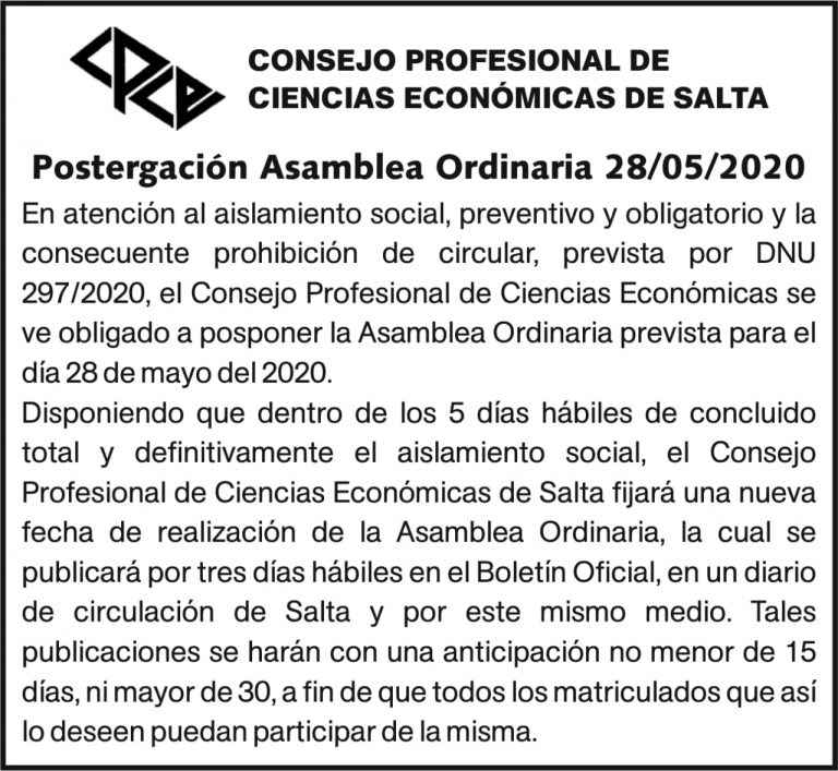 Aviso de postergación de la Asamblea Ordinaria del 28 de mayo de 2020 por el aislamiento social dispuesto por el DNU 297/2020.