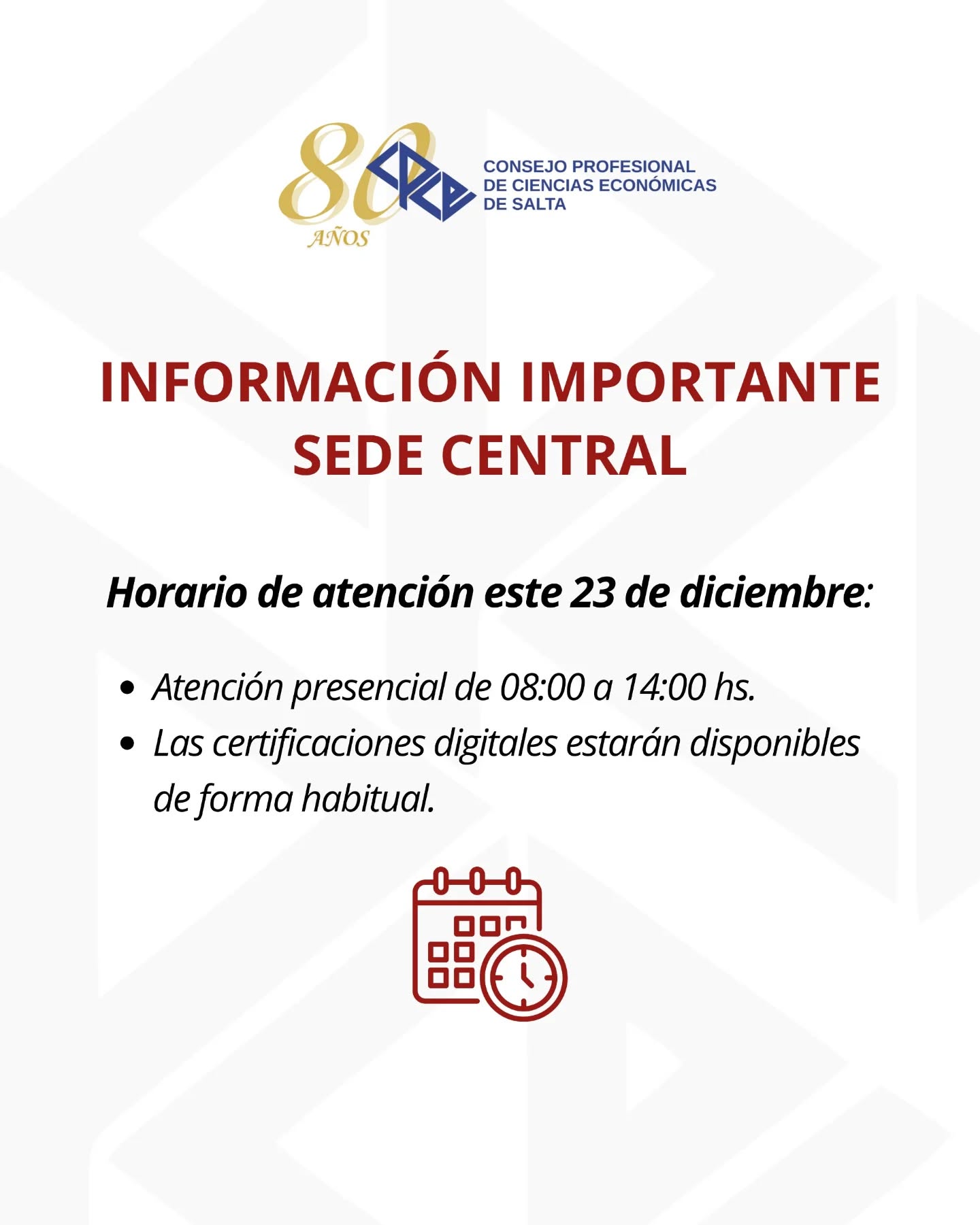 HORARIO DE ATENCIÓN 23 DE DICIEMBRE - SEDE CENTRAL